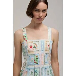 HUNTER Blue Botanical Strawberry Stamp Print Mini Dress Square Neck Summer XS